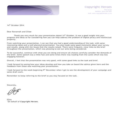 Ravannah and chloe feedbck letter