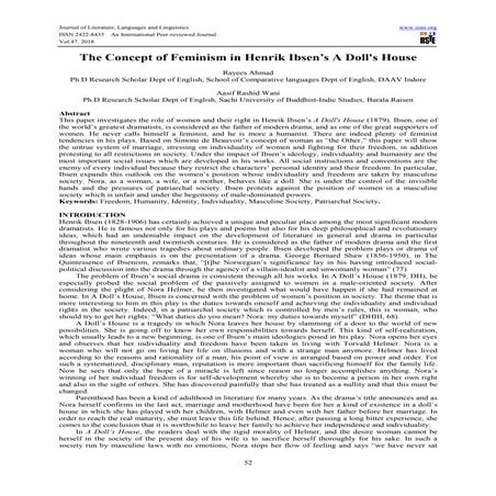 The Concept of Feminism in Henrik Ibsen's A Doll's House by Rayees Ahmad Ganaie (Research Scholar at D.A.V.V, Indore,Mp, India)