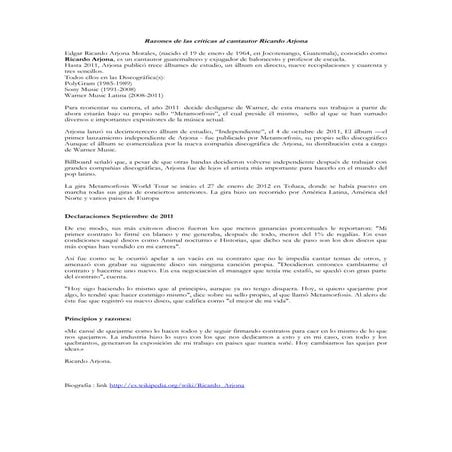 Razones de las críticas al cantautor Ricardo Arjona