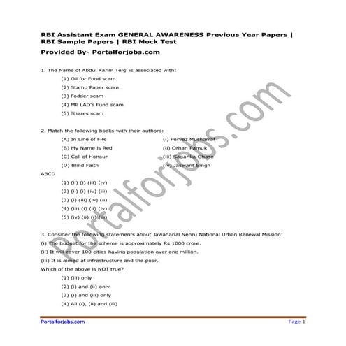 RBI Assistant Exam GENERAL AWARENESS Previous Year Papers | RBI Sample Papers...