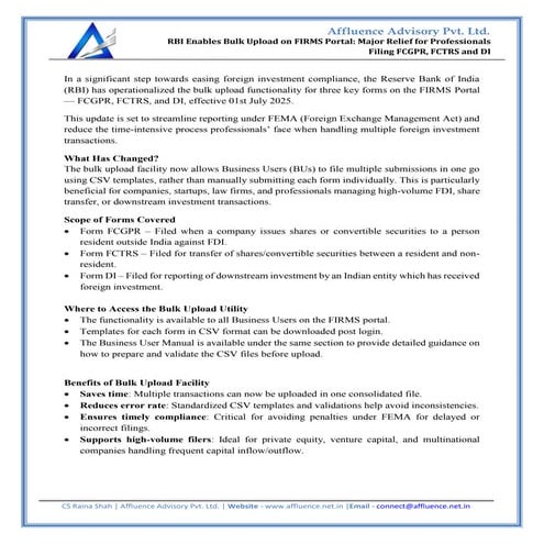 RBI Enables Bulk Upload on FIRMS Portal: Major Relief for Professionals Filin...