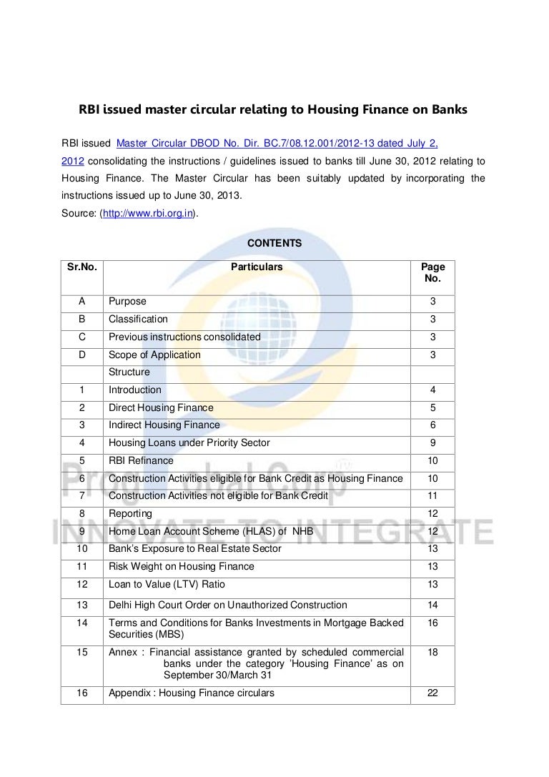 RBI issued master circular relating to housing finance on banks