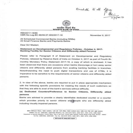RBI Circular for Special Facility for Senior Citizens and Differently able person  