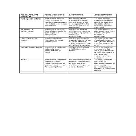 Rúbrica actividad individual