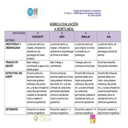 Rúbrica a sports meal