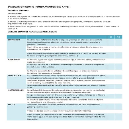 Rubrica y lista de control comic