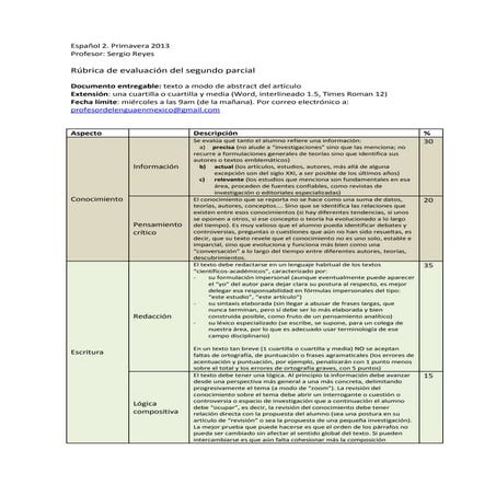 Rúbrica de evaluación abstract segundo parcial español 2