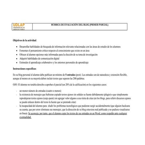 Rúbrica de evaluación blog