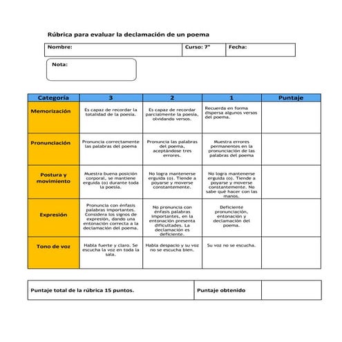 Rúbrica para evaluar la declamación de un poema