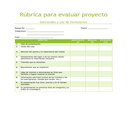 Rúbrica para evaluar proyecto