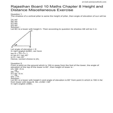 Rbse solutions for class 10 maths chapter 8 height and distance