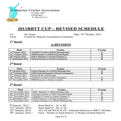 Rbtt 2011 tournament schedule revised october