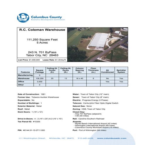 R.C. Coleman Warehouse 111,250 Square For Sale/Lease