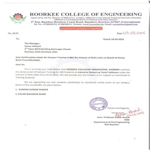 ZENUS INFOTECH INDIA PVT. LTD. is also Training Partner of RCE ENGG. COLLEGE