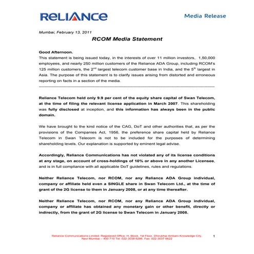 Rcom (Reliance Telecom) media statement leak | PDF