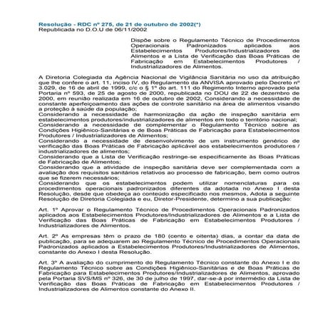 N.Alimento-Rdc nº 275 2002 indústria de alimentos | PDF
