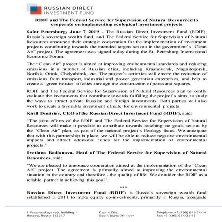 RDIF and The Federal Service for Supervision of Natural Resourced to cooperate on implementing ecological investment projects
