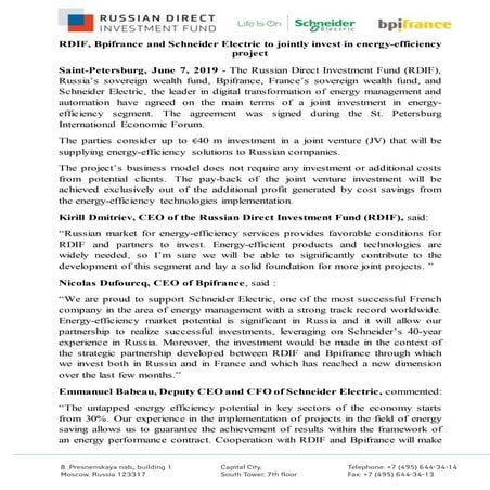 RDIF, Bpifrance and Schneider Electric to jointly invest in energy-efficiency project
