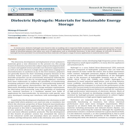 Dielectric Hydrogels: Materials for Sustainable Energy Storage- Crimson Publi...