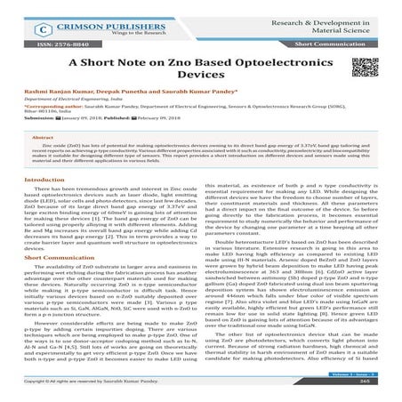 A Short Note on Zno Based Optoelectronics Devices - Crimson Publishers