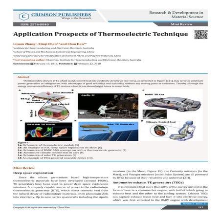 Application Prospects of Thermoelectric Technique - Crimson Publishers