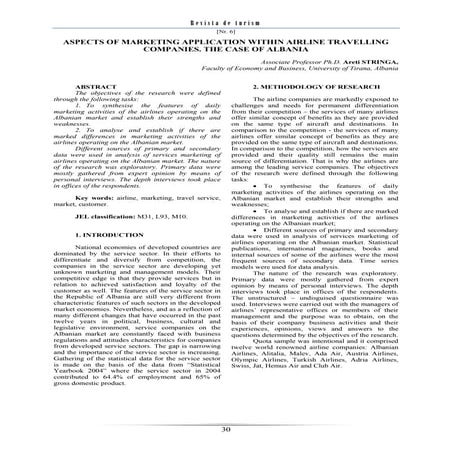 ASPECTS OF MARKETING APPLICATION WITHIN AIRLINE TRAVELLING COMPANIES. THE CAS...