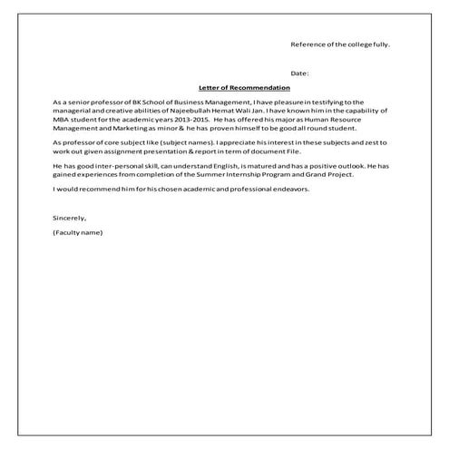 Recommendation letter format 