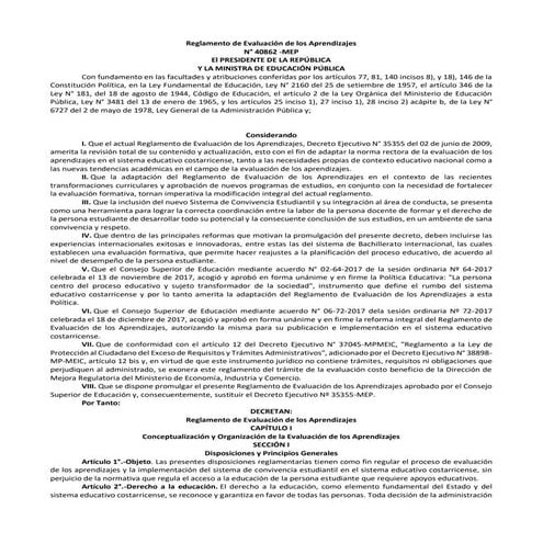 Reglamento de Evaluación de los Aprendizajes, MEP, Costa Rica.
