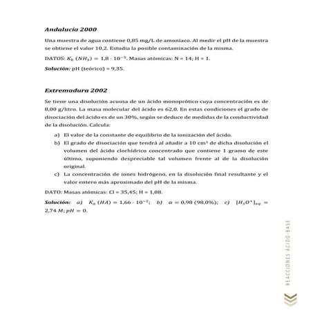 Enunciado de problemas de reacciones ácido-base
