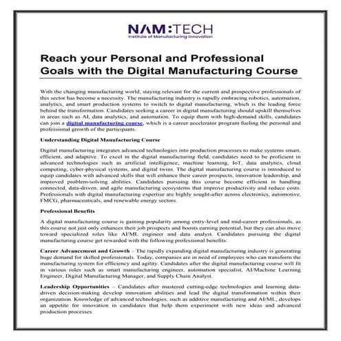 Reach your Personal and Professional Goals with the Digital Manufacturing Course
