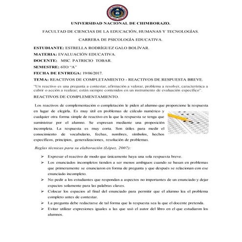 Reactivos de Completamiento -  reactivos de respuesta breve.