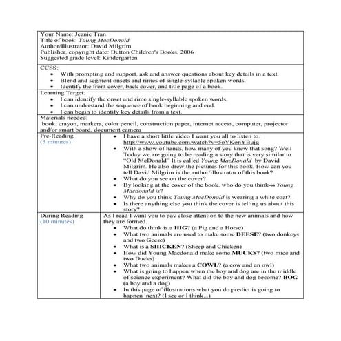 "Young MacDonald" Read Aloud Lesson Plan