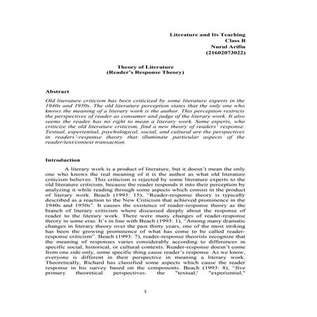 Literature and Its Teaching: Reader response