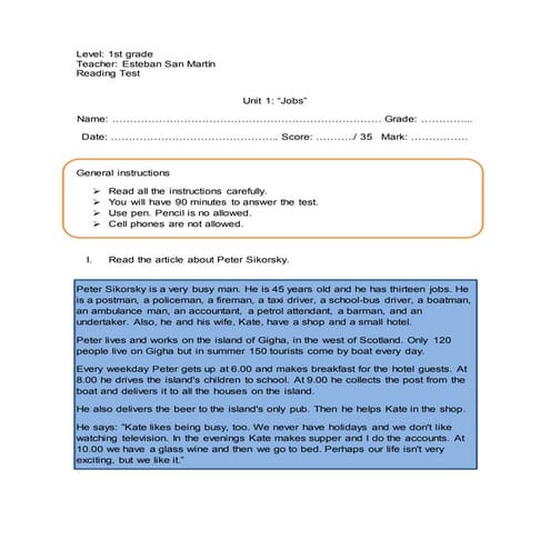Reading Comprehention Test | DOCX