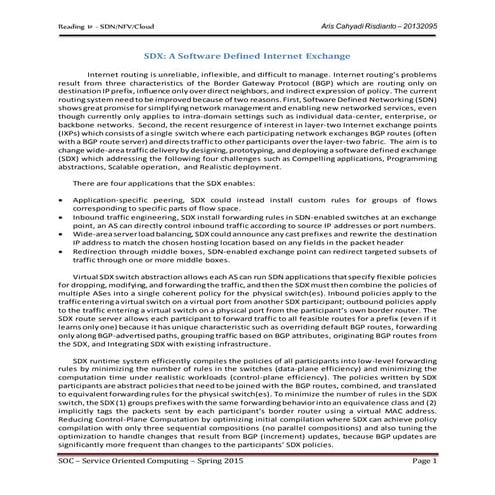 Example summary of SDN + NFV + Cloud Technology