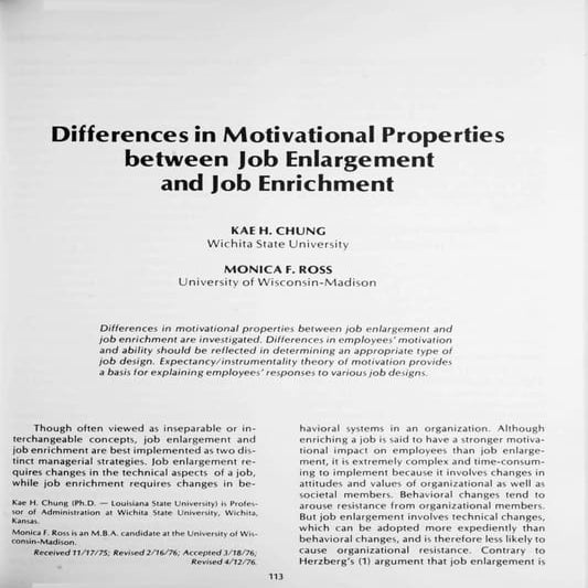 Differences in motivational properties between job enlargement and job enrichment