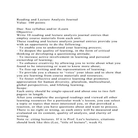 Reading and Lecture Analysis JournalValue 100 pointsDue Se.docx