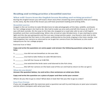 Reading and writing practise a beautiful sunrise