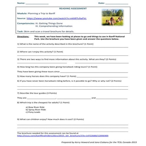 Reading Assessment  Planning a Trip to Banff - Banff Trail Riders