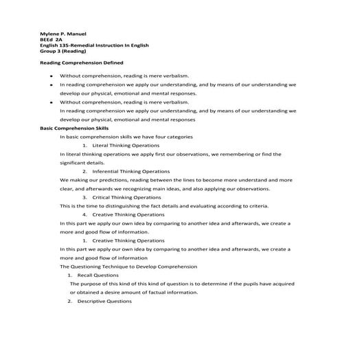 Reading comprehension defined mylene p. manuel
