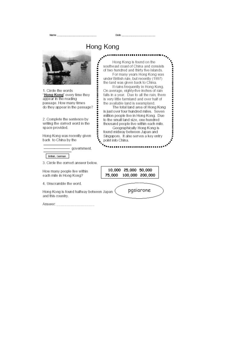 Reading Comprehension Hong Kong Reading Comprehension Hong Kong