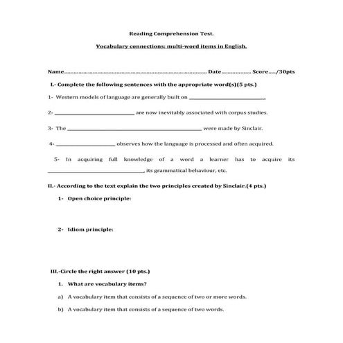 Reading comprehension test multi word items in english