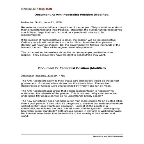 Reading like a historian  federalists vs antifederalists