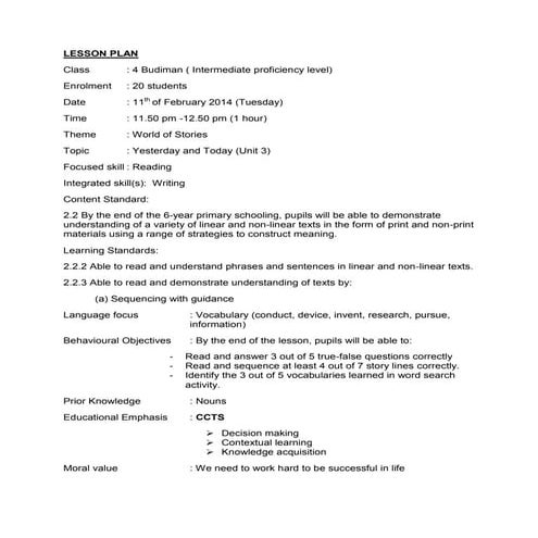 lesson plan reading year 4 kssr