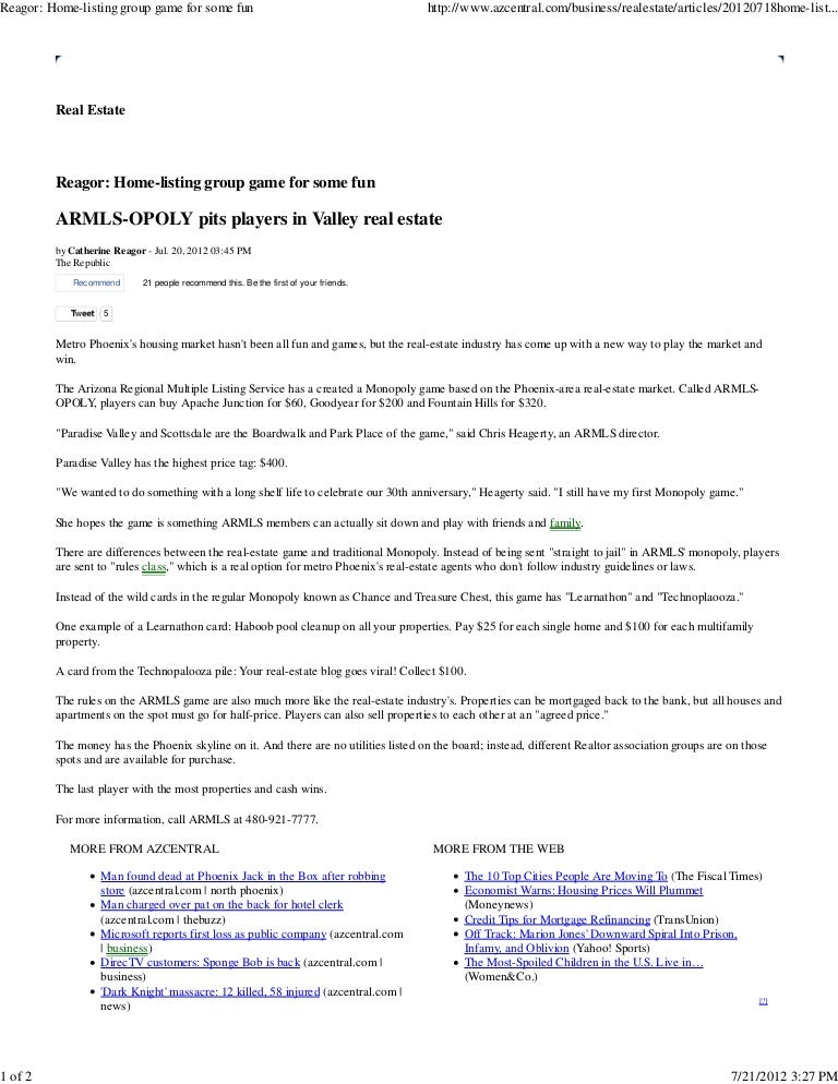 Reagor Home Listing Group Game For Some Fun Monopoly Style