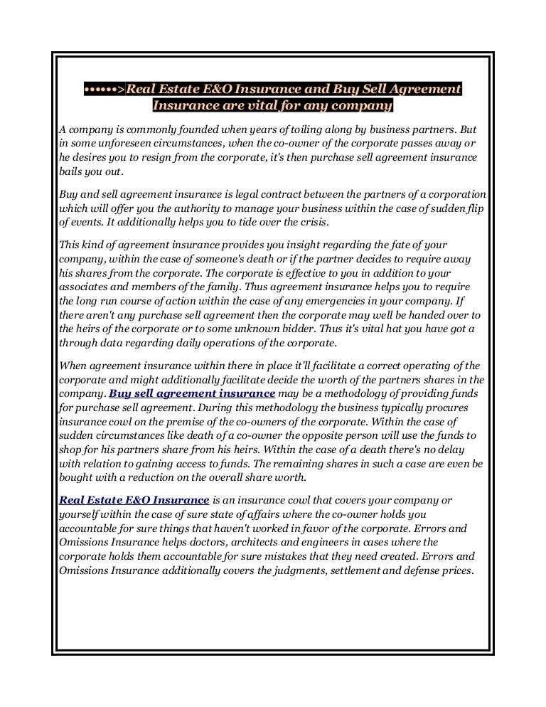 Real Estate E&amp;O Insurance and Buy Sell Agreement Insurance
