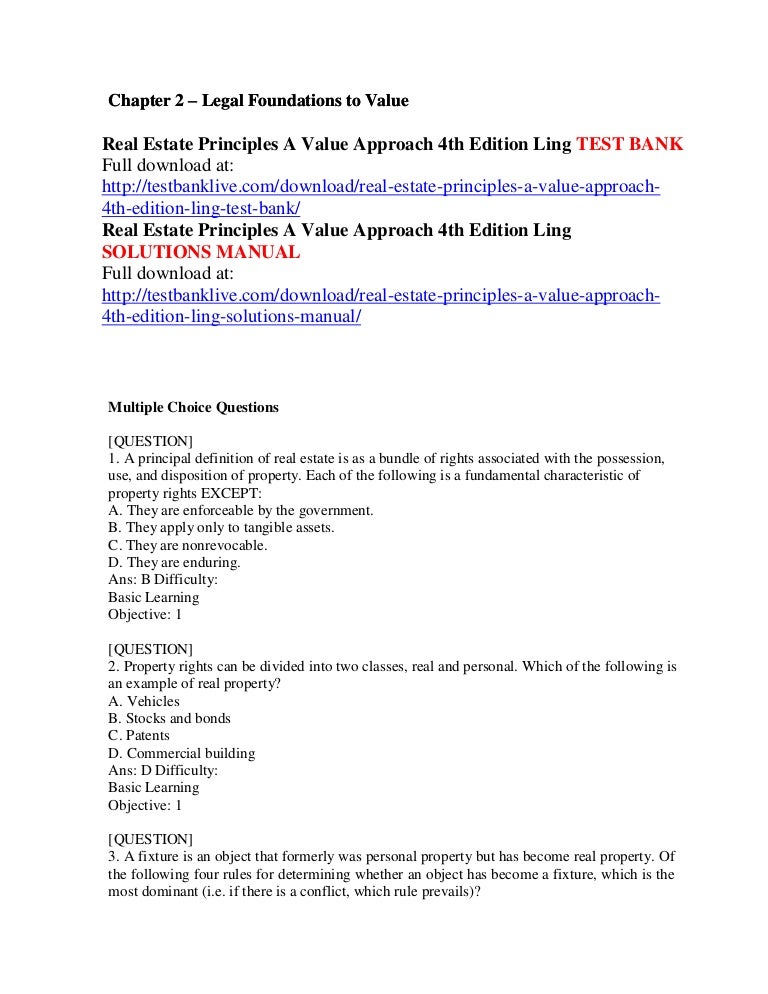 Real Estate Principles A Value Approach 4th Edition Ling Test Bank