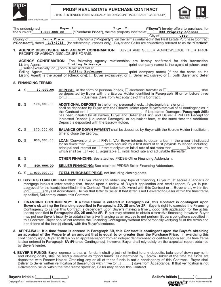 real estate purchase contract rds rev 05 11 real estate purchase agreement california