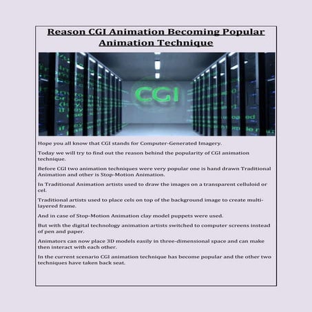 Reason CGI Animation Becoming Popular Animation Technique