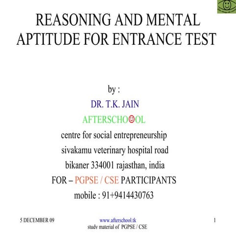 Reasoning and mental aptitude for entrance test1